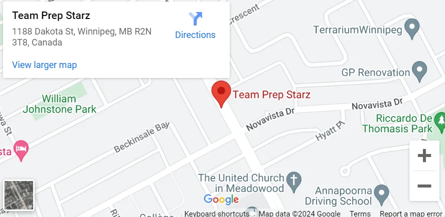 Map showing Team Prep Starz at 1645 St Mary's Rd, Winnipeg, MB